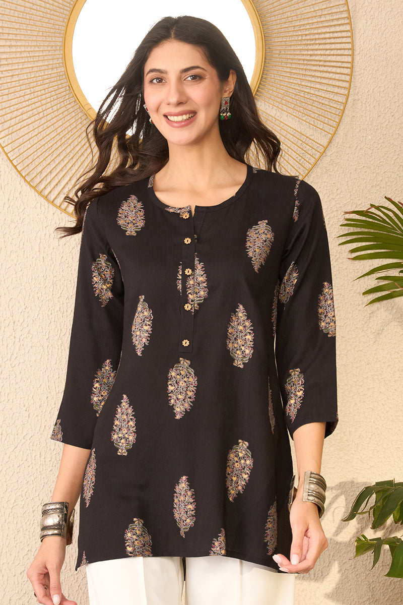 Black Cotton Blend Floral Printed Regular Top VT1396