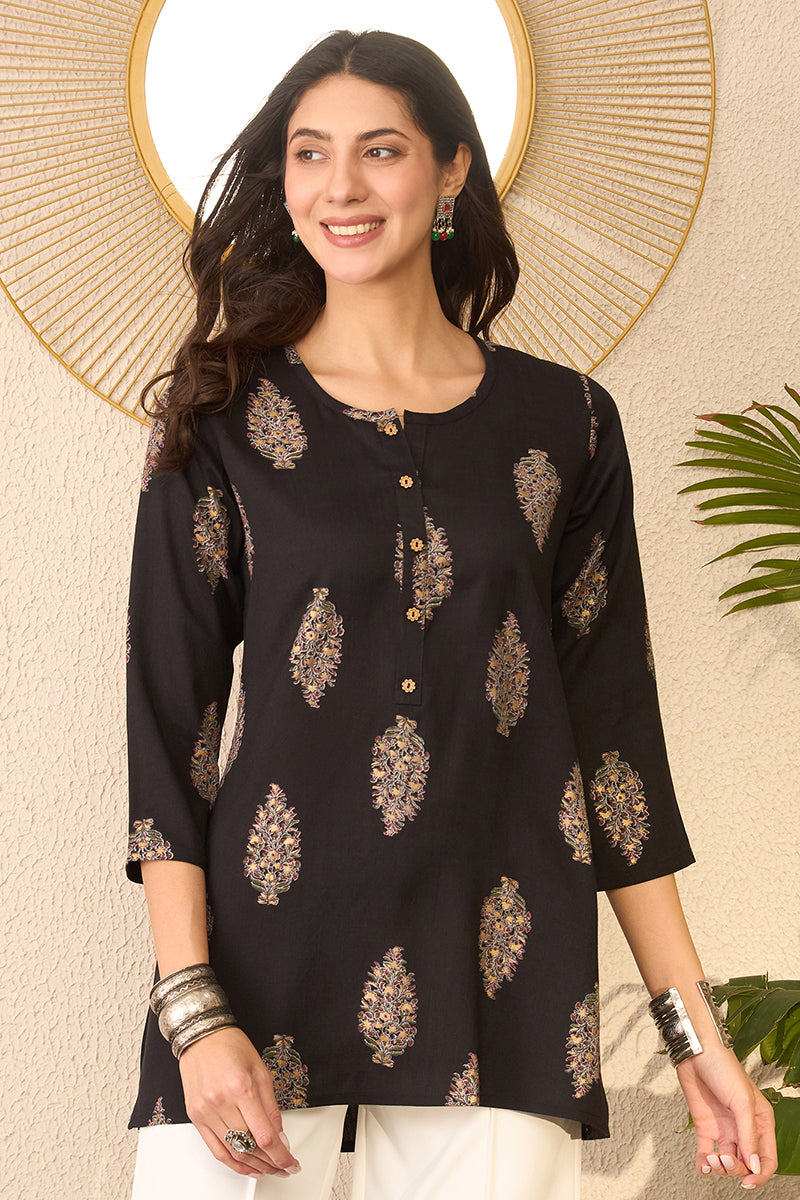 Black Cotton Blend Floral Printed Regular Top VT1396