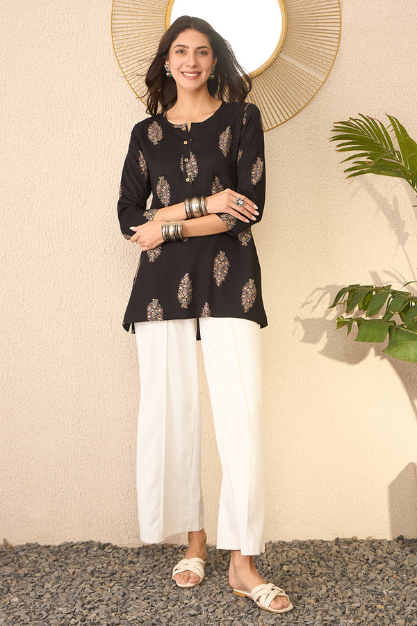 Black Cotton Blend Floral Printed Regular Top VT1396
