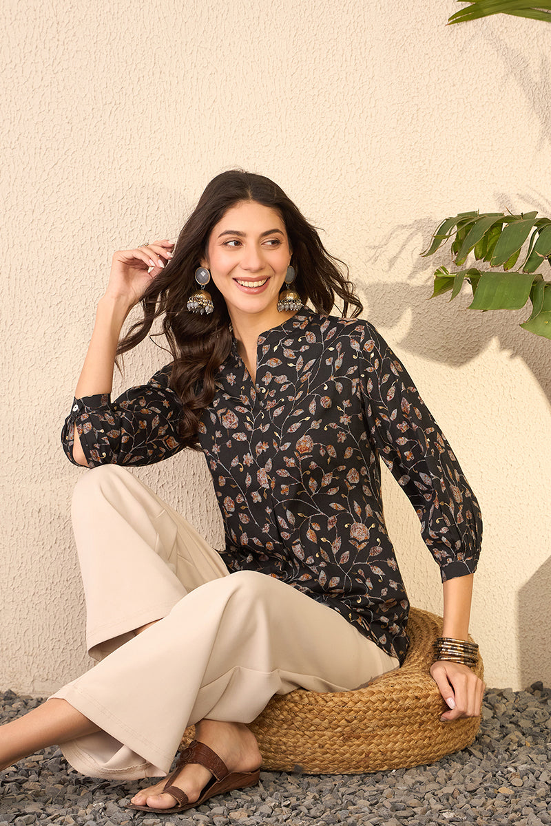 Black Cotton Blend Floral Printed Regular Top VT1397