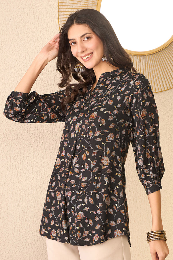 Black Cotton Blend Floral Printed Regular Top VT1397