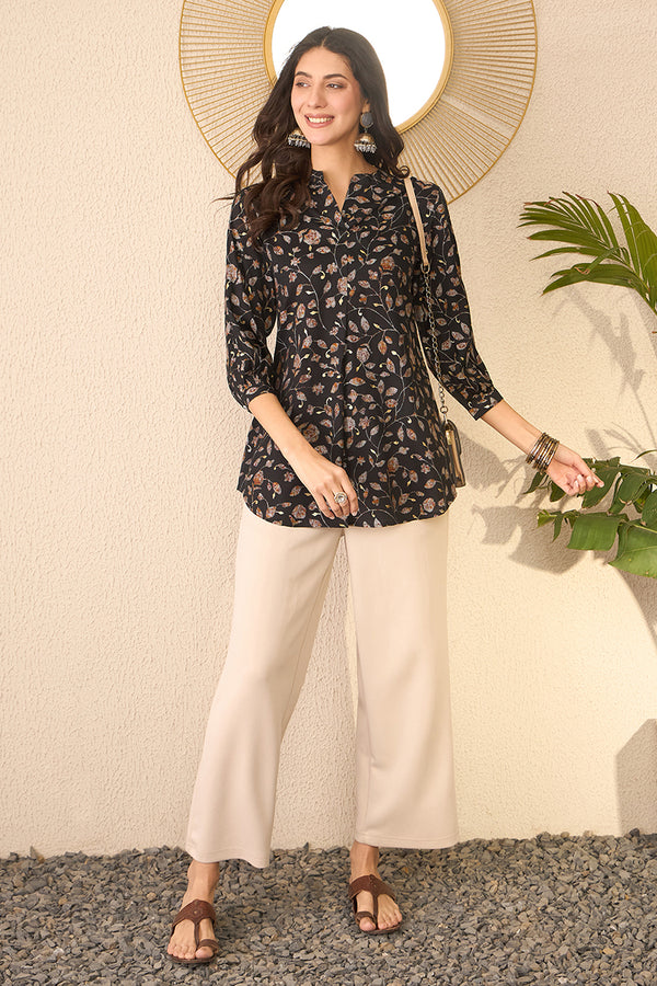 Black Cotton Blend Floral Printed Regular Top VT1397