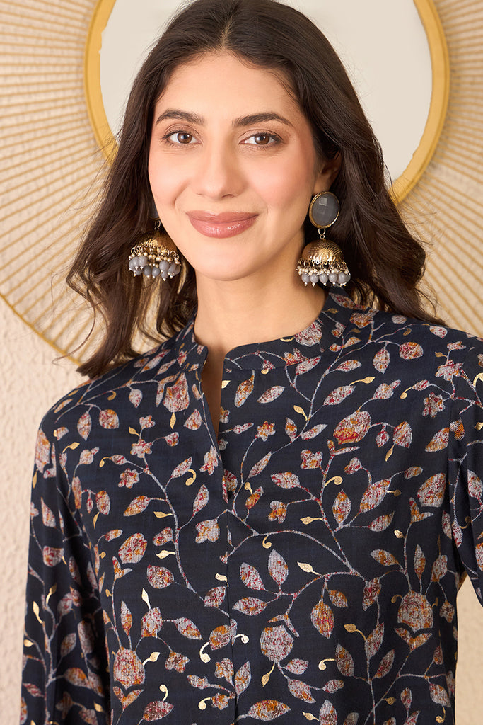 Navy Blue Cotton Blend Floral Printed Regular Top VT1398