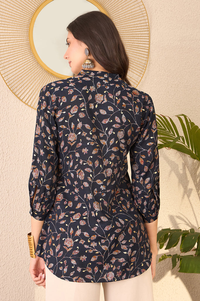 Navy Blue Cotton Blend Floral Printed Regular Top VT1398