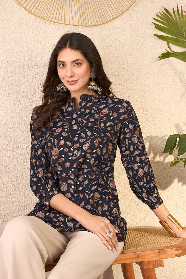 Navy Blue Cotton Blend Floral Printed Regular Top VT1398