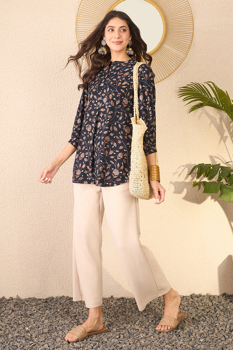Navy Blue Cotton Blend Floral Printed Regular Top VT1398
