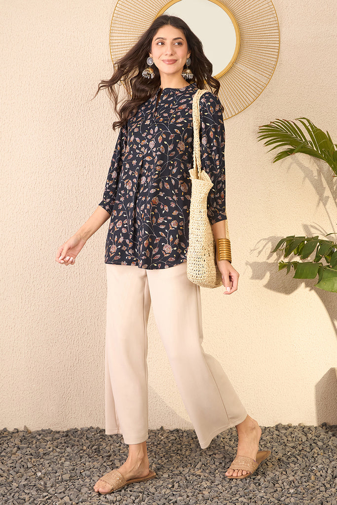 Navy Blue Cotton Blend Floral Printed Regular Top VT1398
