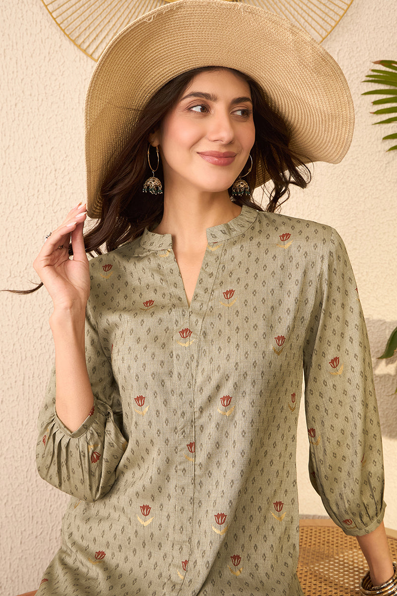 Grey Cotton Blend Floral Printed Regular Top VT1399