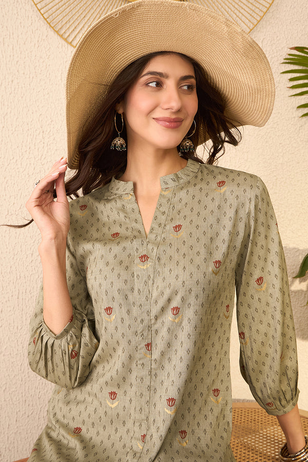 Grey Cotton Blend Floral Printed Regular Top VT1399