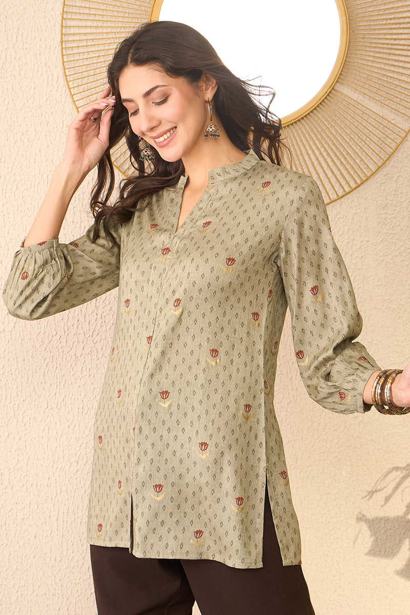 Grey Cotton Blend Floral Printed Regular Top VT1399