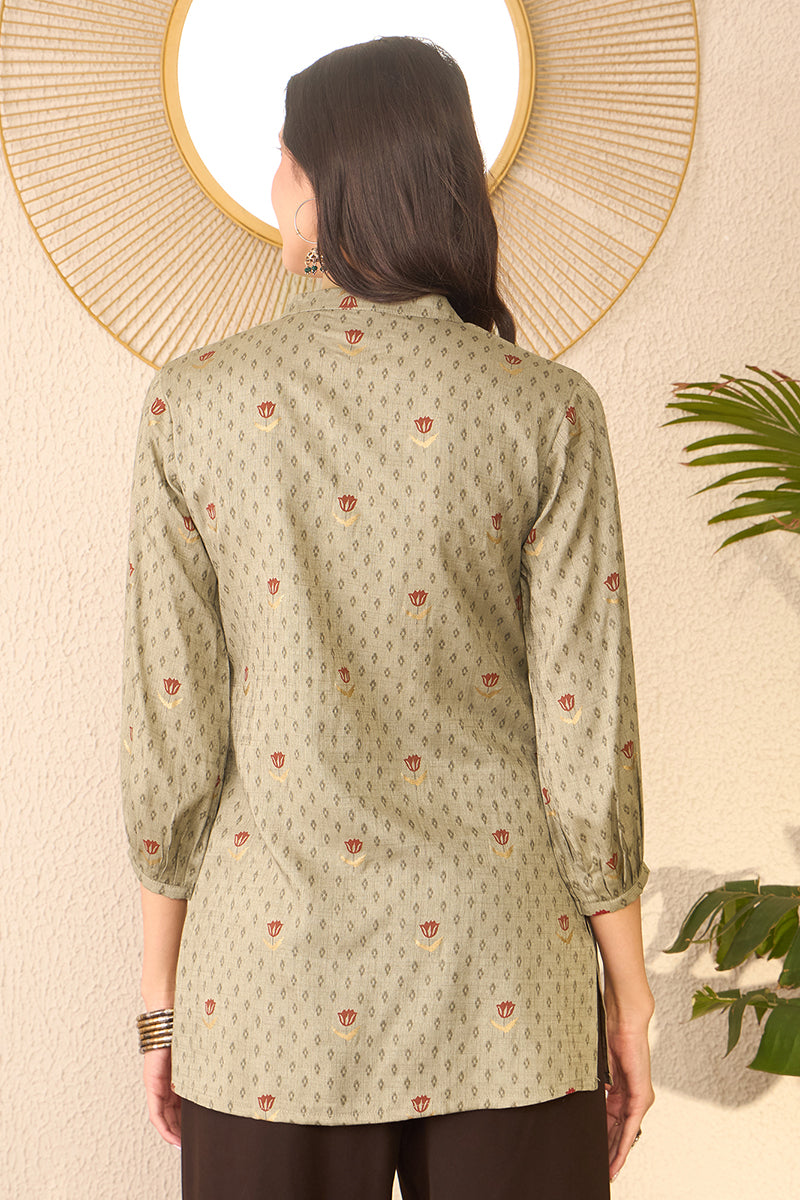 Grey Cotton Blend Floral Printed Regular Top VT1399