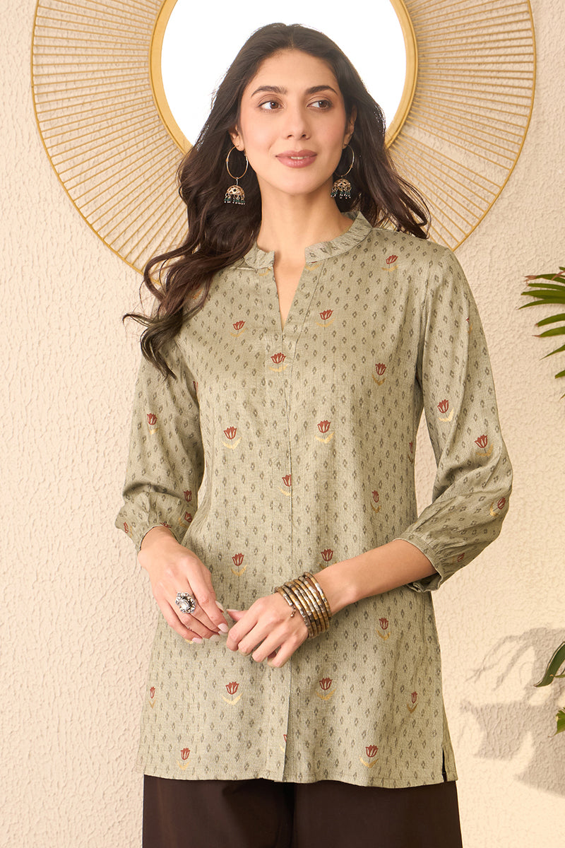 Grey Cotton Blend Floral Printed Regular Top VT1399