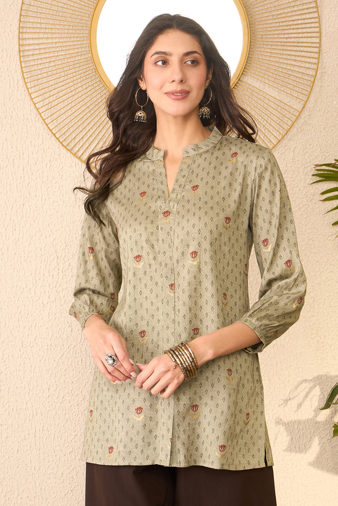 Grey Cotton Blend Floral Printed Regular Top VT1399