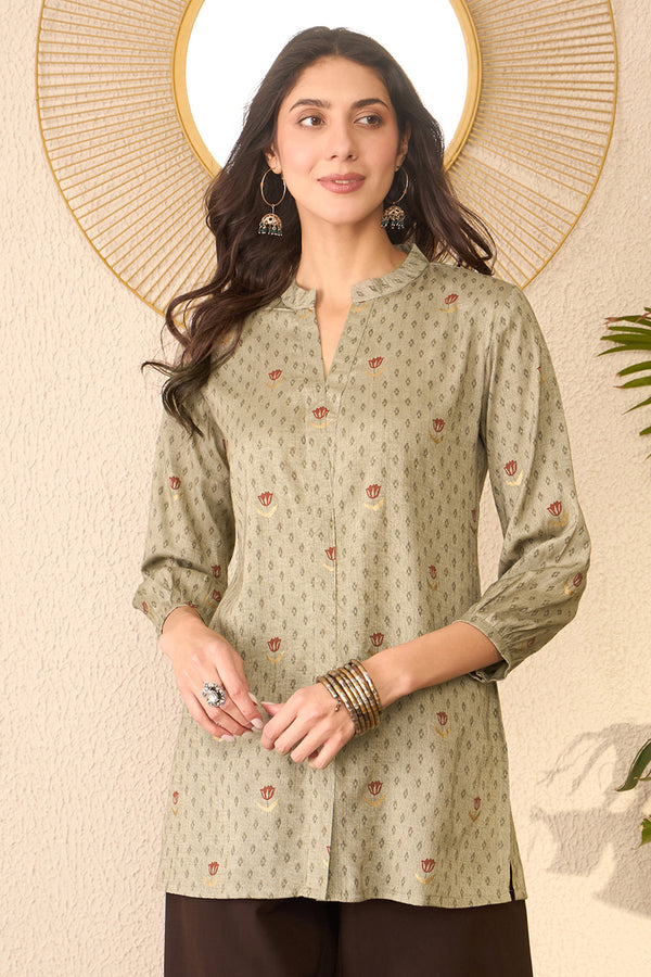 Grey Cotton Blend Floral Printed Regular Top VT1399