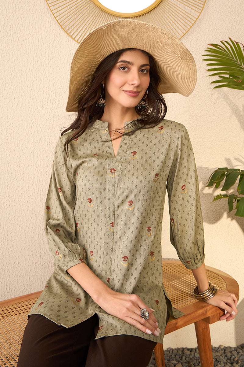 Grey Cotton Blend Floral Printed Regular Top VT1399