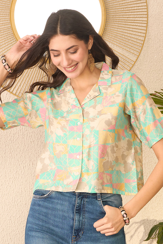 Multi Cotton Blend Abstract Printed Crop Shirt Style Top VT1400