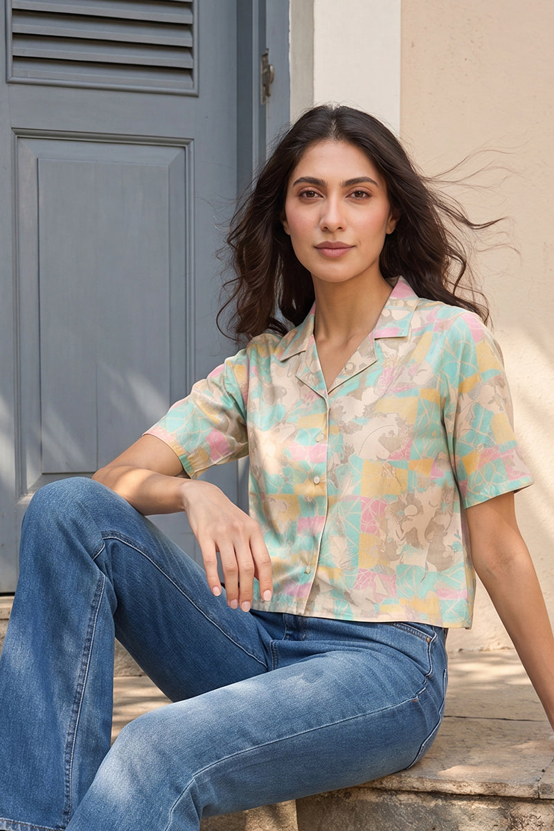 Multi Cotton Blend Abstract Printed Crop Shirt Style Top VT1400