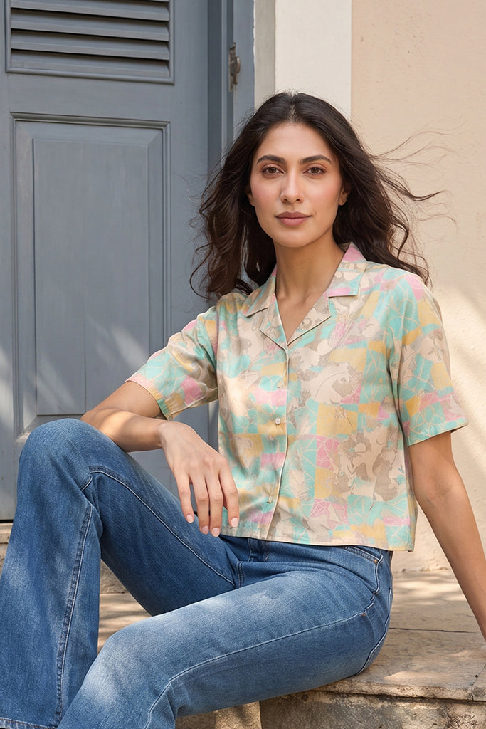 Multi Cotton Blend Abstract Printed Crop Shirt Style Top VT1400