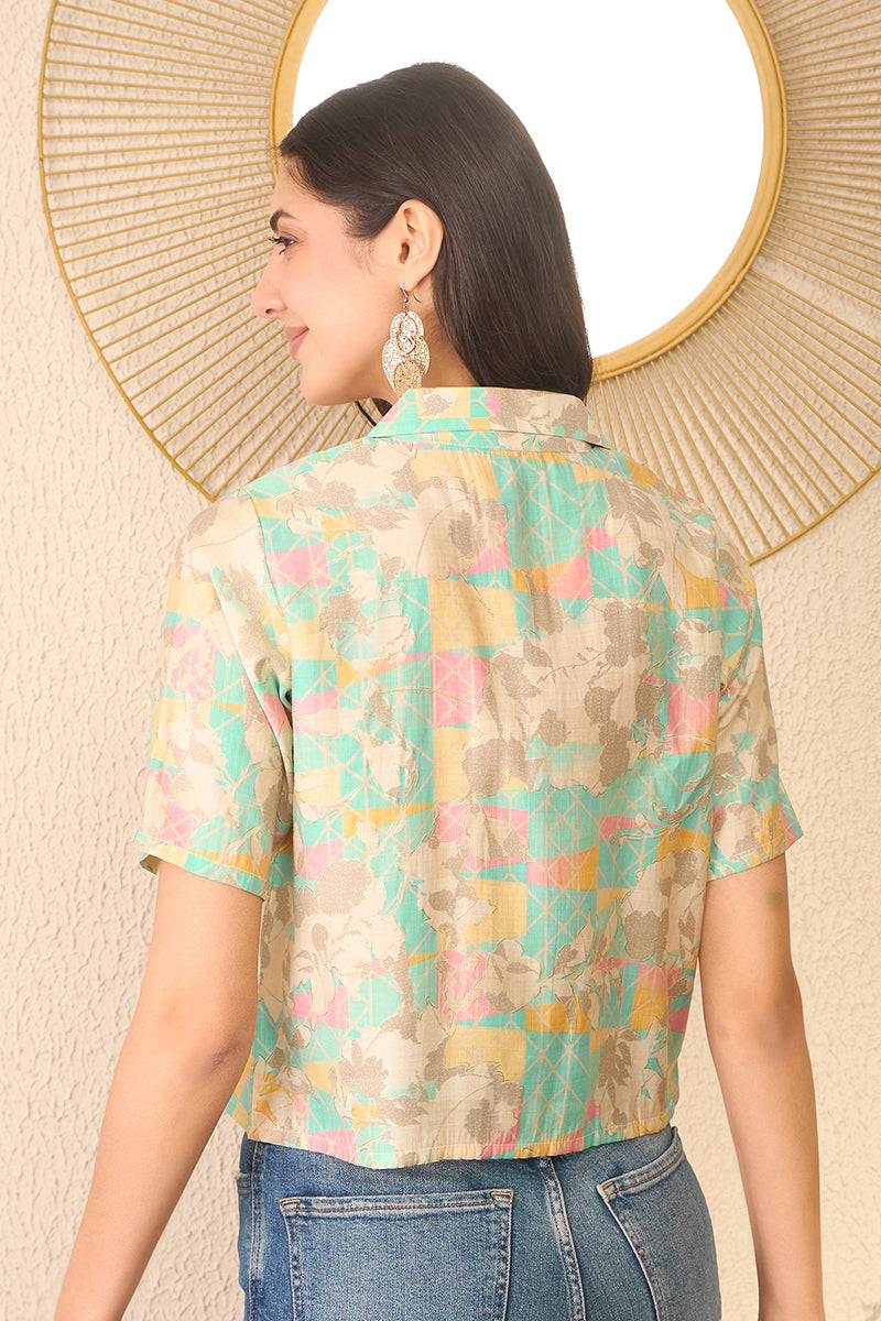Multi Cotton Blend Abstract Printed Crop Shirt Style Top VT1400