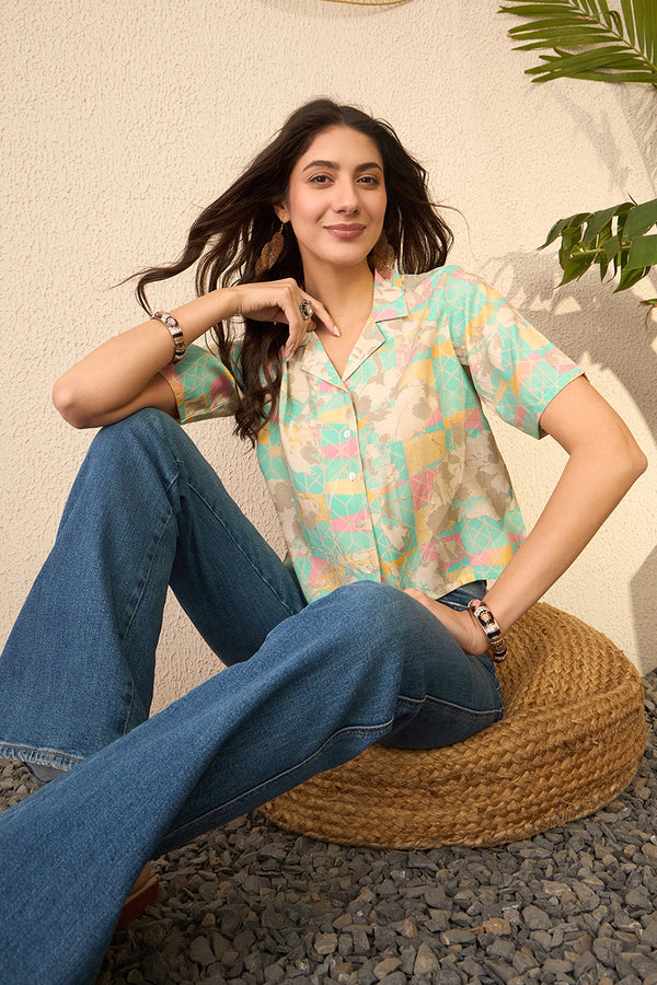 Multi Cotton Blend Abstract Printed Crop Shirt Style Top VT1400