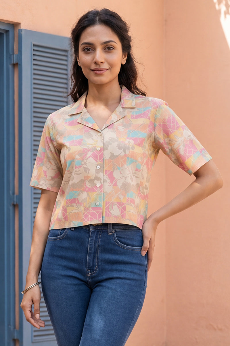 Multi Cotton Blend Abstract Printed Crop Shirt Style Top VT1401