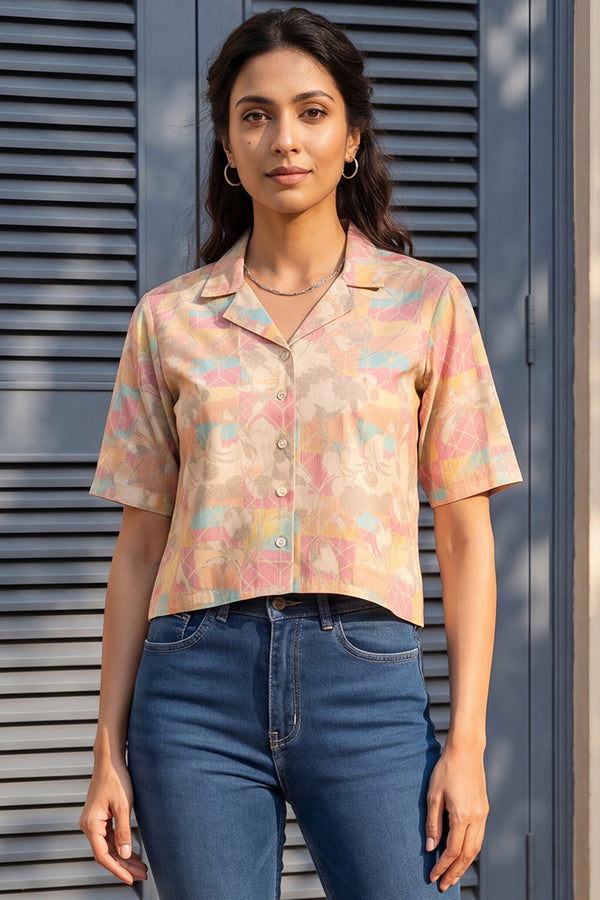 Multi Cotton Blend Abstract Printed Crop Shirt Style Top VT1401
