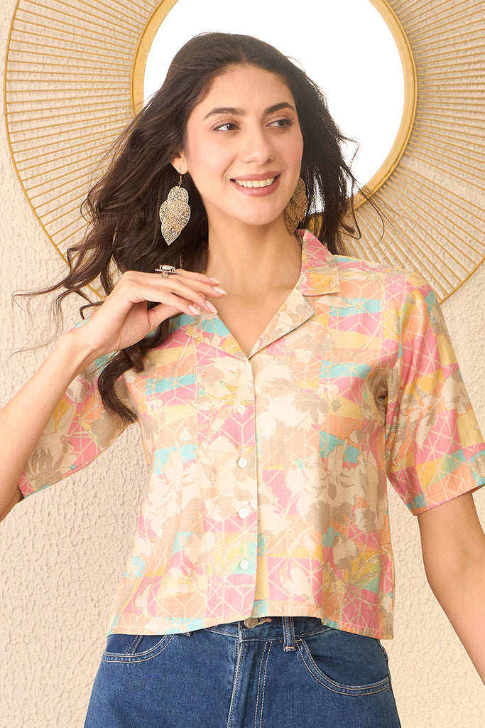Multi Cotton Blend Abstract Printed Crop Shirt Style Top VT1401