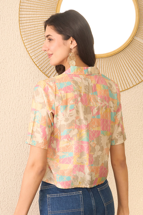 Multi Cotton Blend Abstract Printed Crop Shirt Style Top VT1401