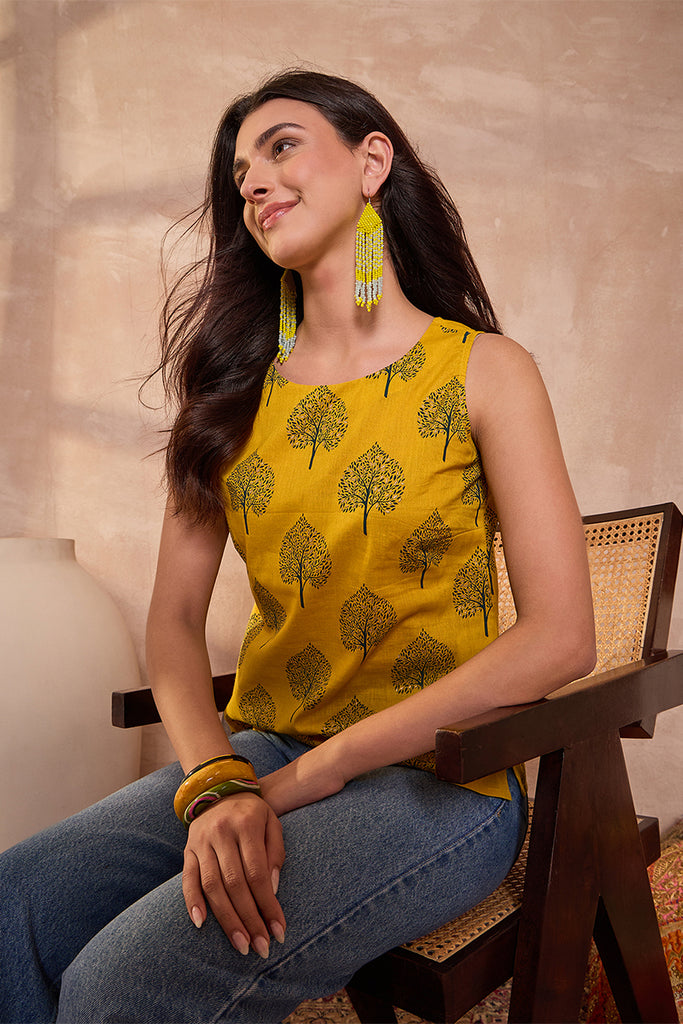 Yellow Cotton Blend Floral Printed Top VT1427