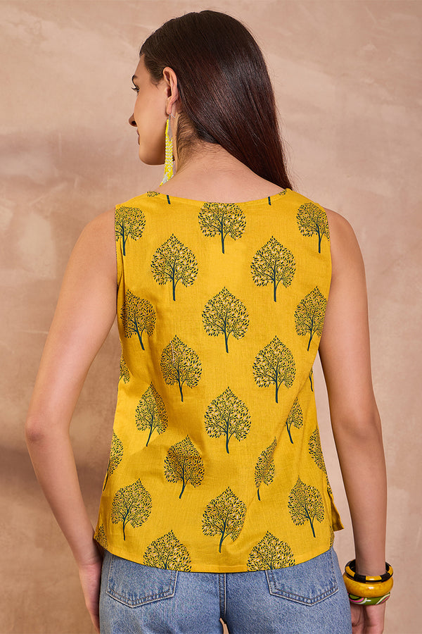 Yellow Cotton Blend Floral Printed Top VT1427