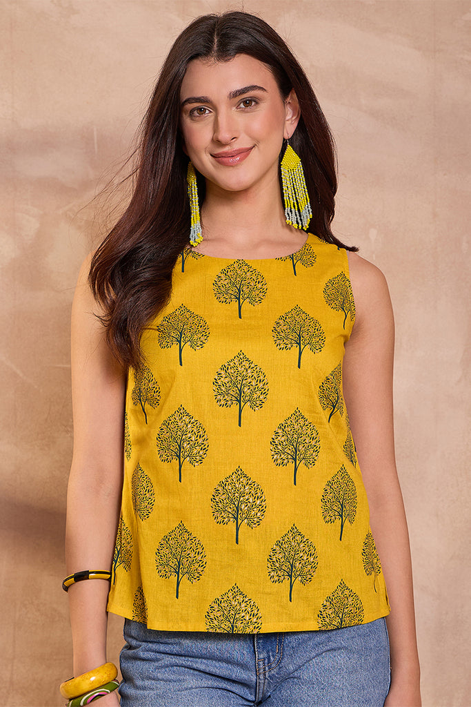 Yellow Cotton Blend Floral Printed Top VT1427