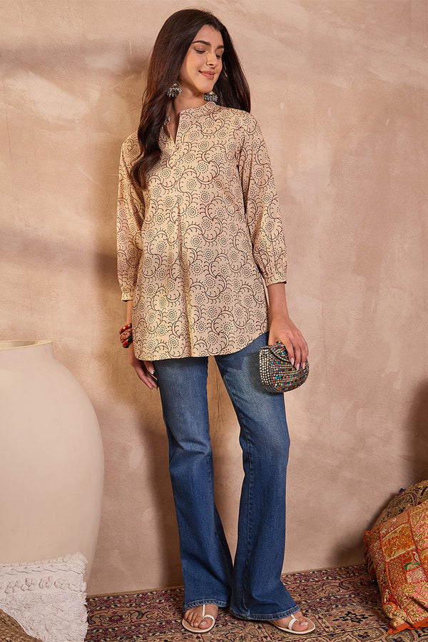 Beige Cotton Ethnic Motifs Printed Top VT1430