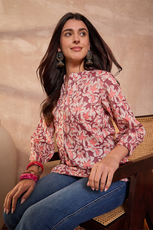 Cream Cotton Blend Floral Printed Top VT1434
