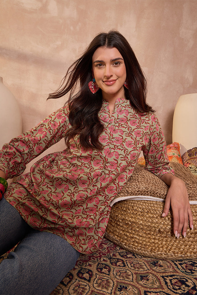 Green Cotton Floral Printed Top VT1436