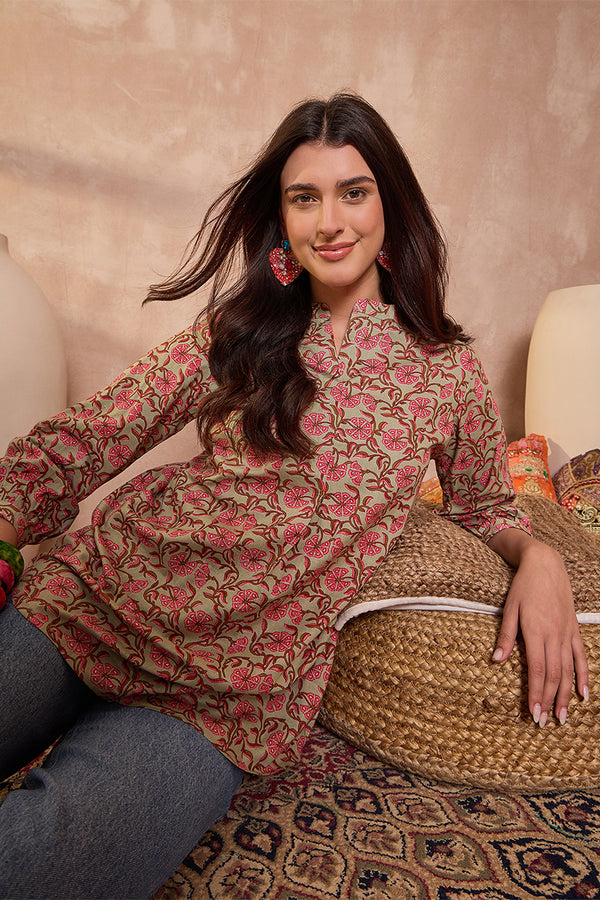 Green Cotton Floral Printed Top VT1436