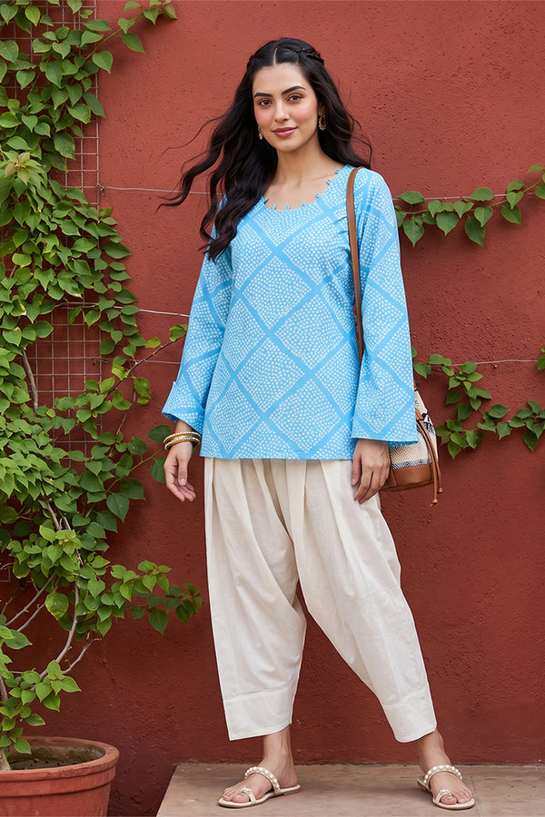 Blue Cotton Round Neck Long Sleeves Casual Top VT1471