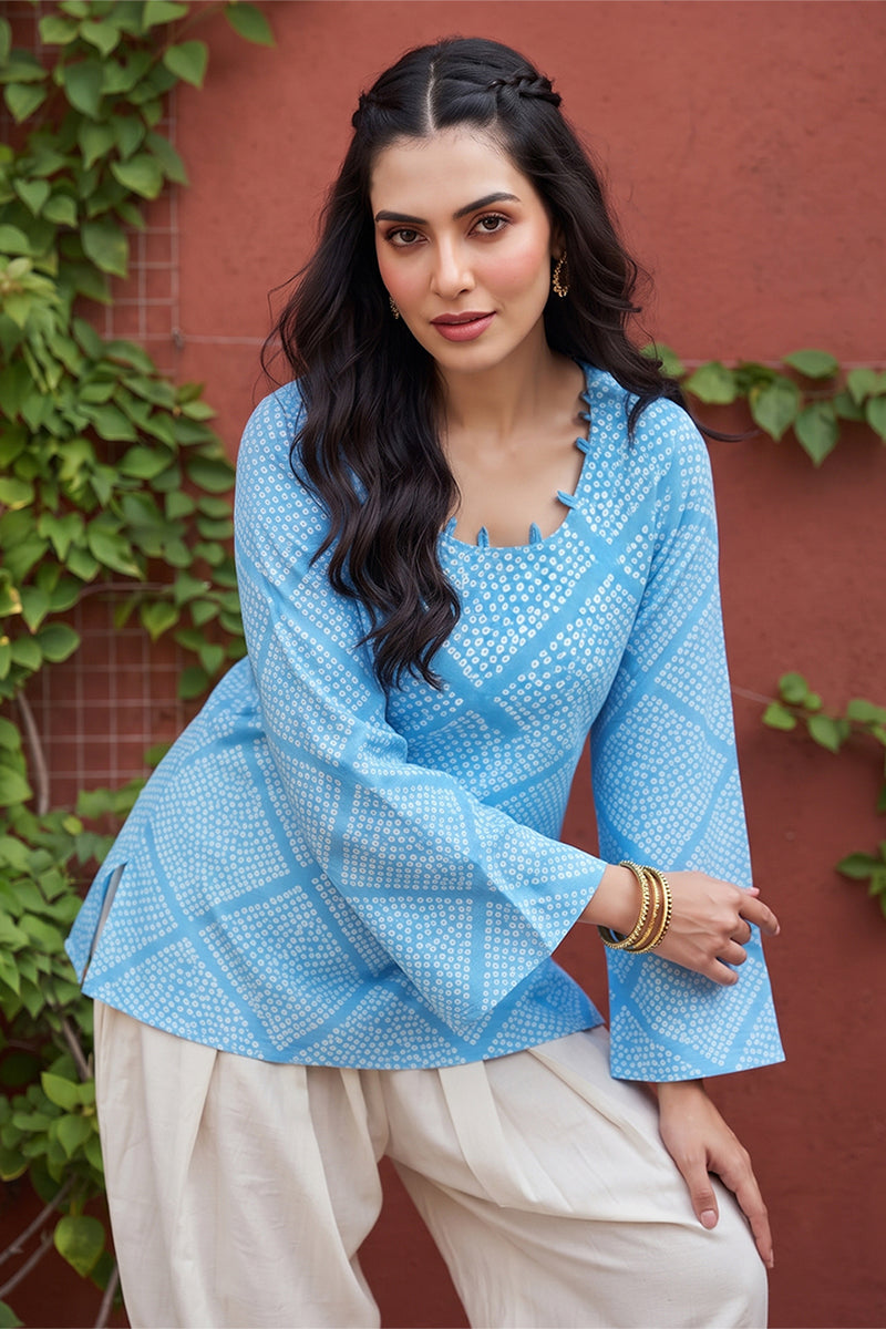 Blue Cotton Round Neck Long Sleeves Casual Top VT1471