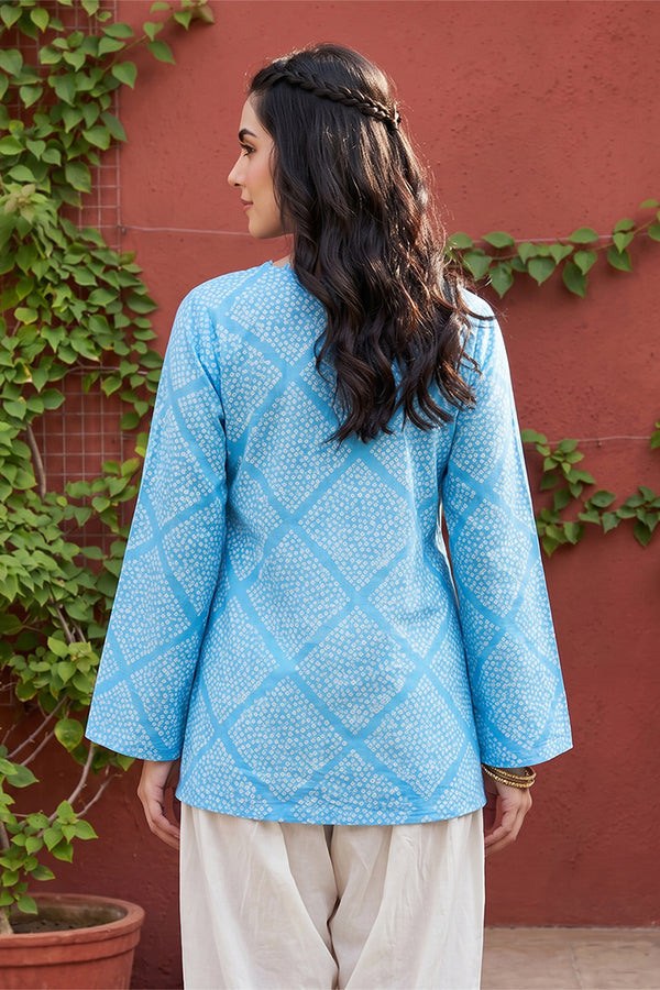 Blue Cotton Round Neck Long Sleeves Casual Top VT1471