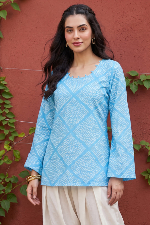 Blue Cotton Round Neck Long Sleeves Casual Top VT1471