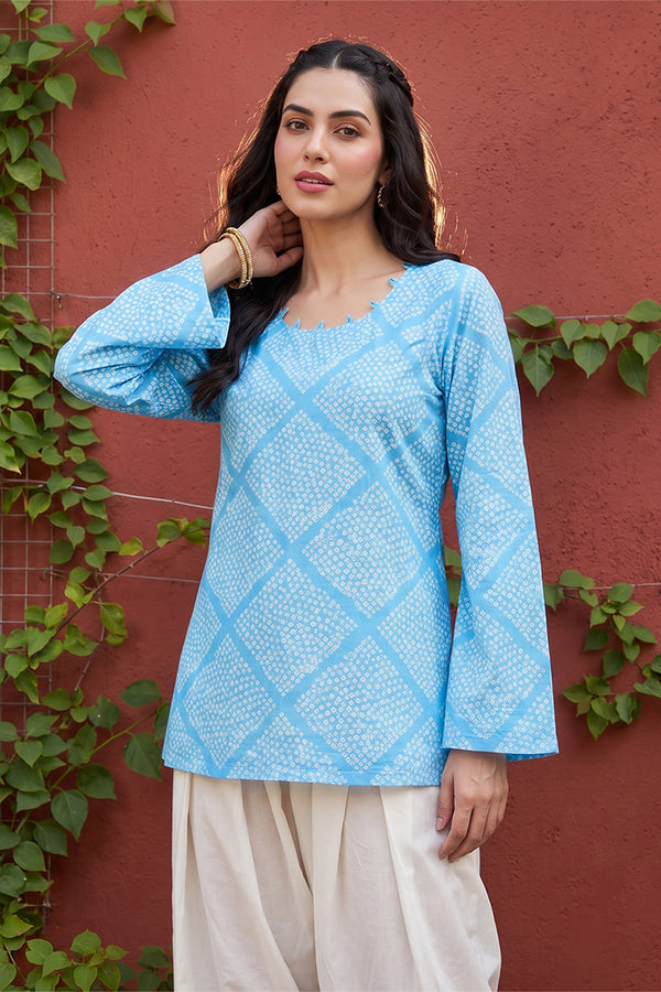 Blue Cotton Round Neck Long Sleeves Casual Top VT1471