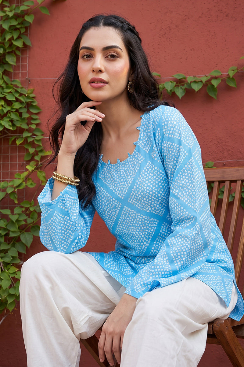 Blue Cotton Round Neck Long Sleeves Casual Top VT1471