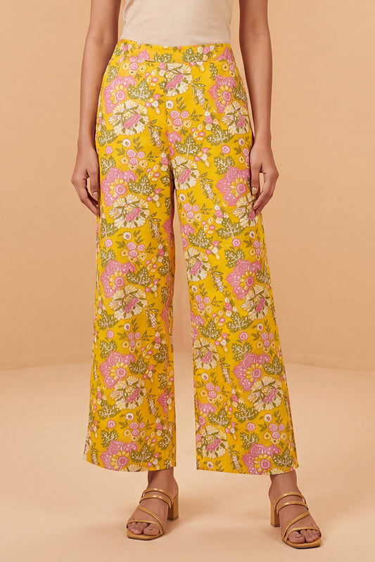 Yellow Rayon Floral Printed Regular Trouser WBOT1622