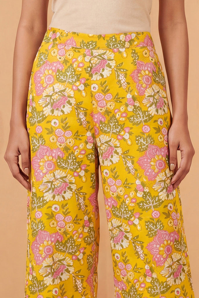 Yellow Rayon Floral Printed Regular Trouser WBOT1622Z