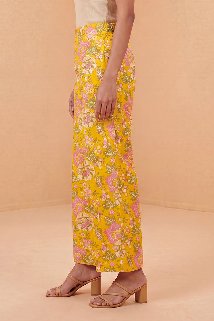 Yellow Rayon Floral Printed Regular Trouser WBOT1622