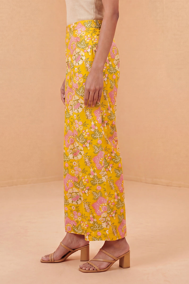 Yellow Rayon Floral Printed Regular Trouser WBOT1622Z