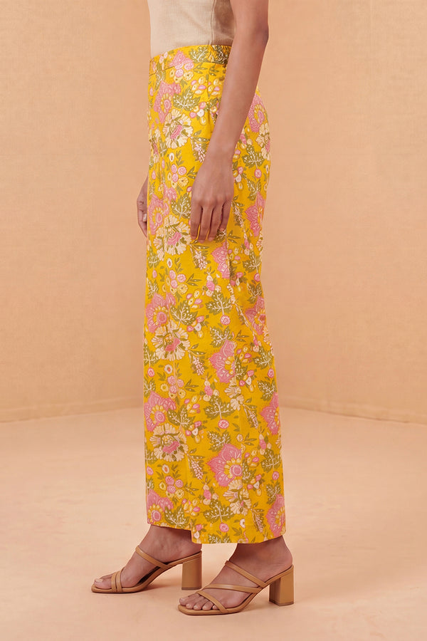 Yellow Rayon Floral Printed Regular Trouser WBOT1622