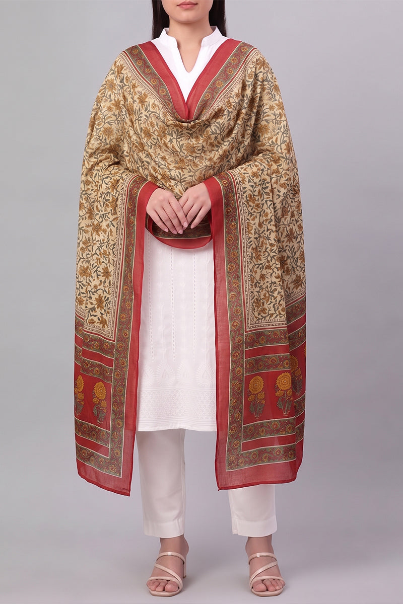 Beige Floral Printed Dupatta WDPT1006