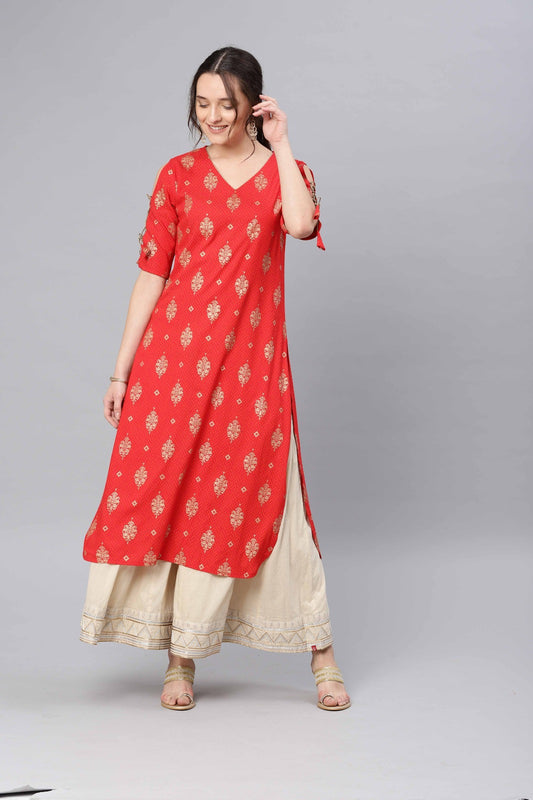 Red Ethnic Motifs Printed Cotton Kurta VCK1027