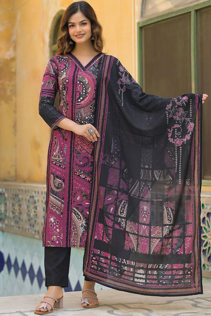 Black Rayon Blend Abstract Printed Straight Kurta Trouser With Dupatta SKSKD3080