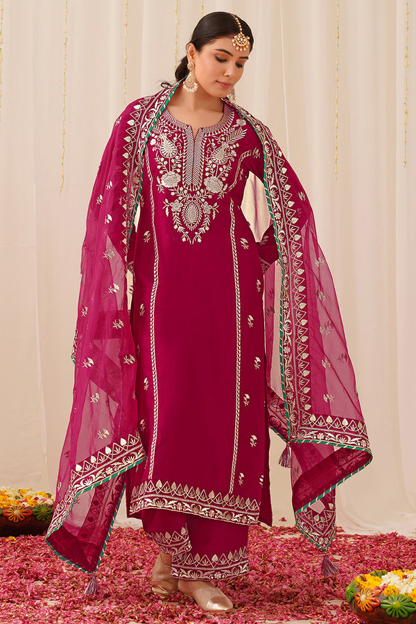 Pink Silk Blend Embroidered Solid Yoke Design Straight Palazzo Suit Set PKSKD2490